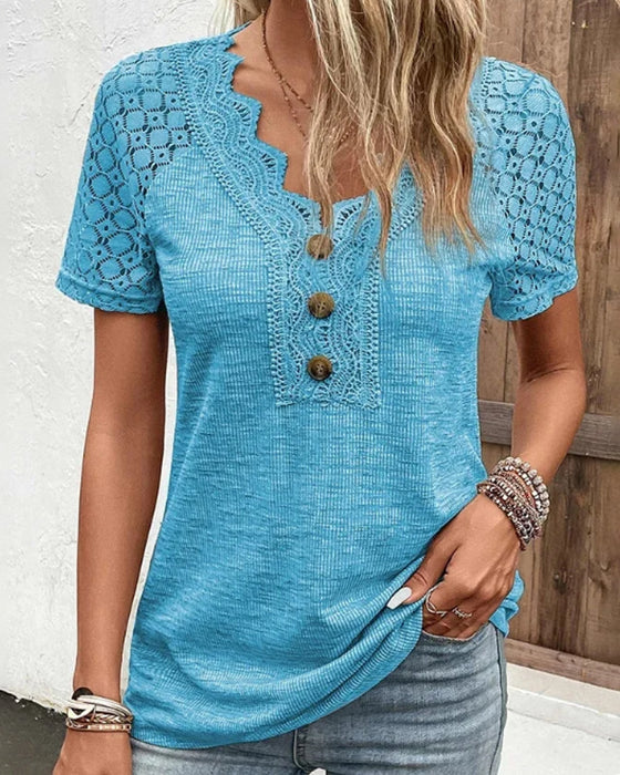 T-shirt Damski Chandy z Koronkowymi Detalami – Lekka Bawełna z Krótkim Rękawem na Wiosnę i Lato
