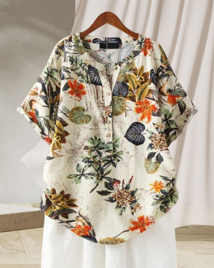 T-shirt Damski Elisse – Swobodna Elegancja z Kwiatowym Nadrukiem, Mieszanką Bawełny i Lnu oraz Stylowym Detalem