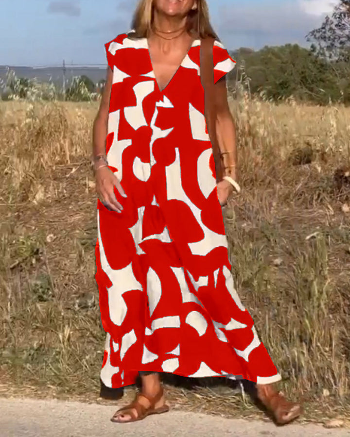Maxine Damska Sukienka Maxi – Zwiewna Letnia Sukienka z Dekoltem w Serek, Nadrukiem i Fasonem w Kształcie Litery A