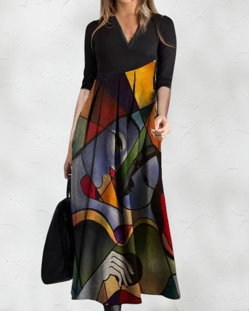 Sukienka Damska Nina – Elegancka Sukienka w Stylu Color Block z Długim Rękawem i Plisowanym Detalem