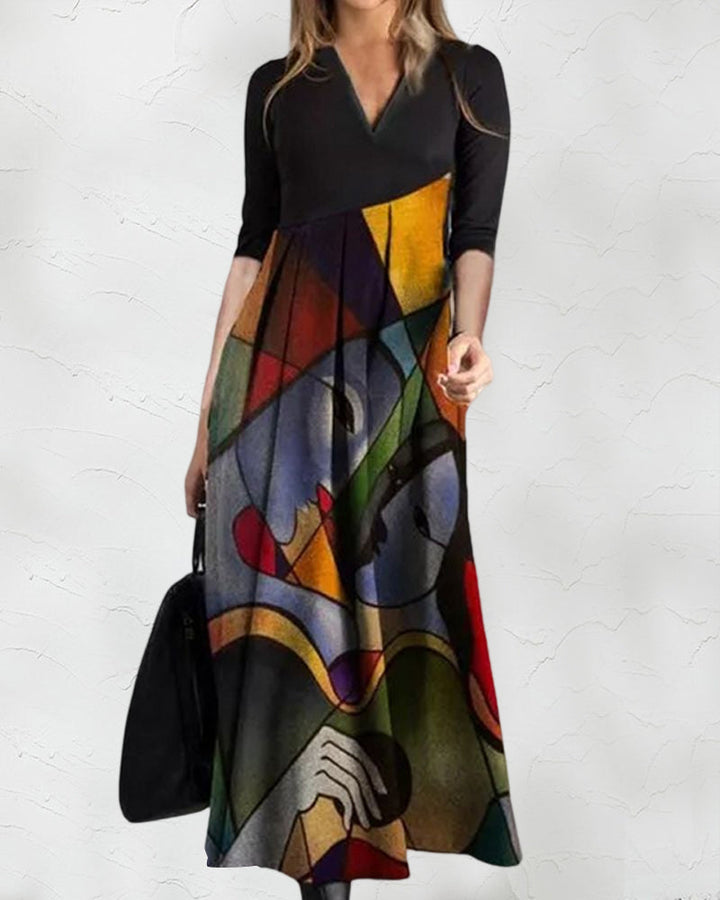 Sukienka Damska Nina – Elegancka Sukienka w Stylu Color Block z Długim Rękawem i Plisowanym Detalem