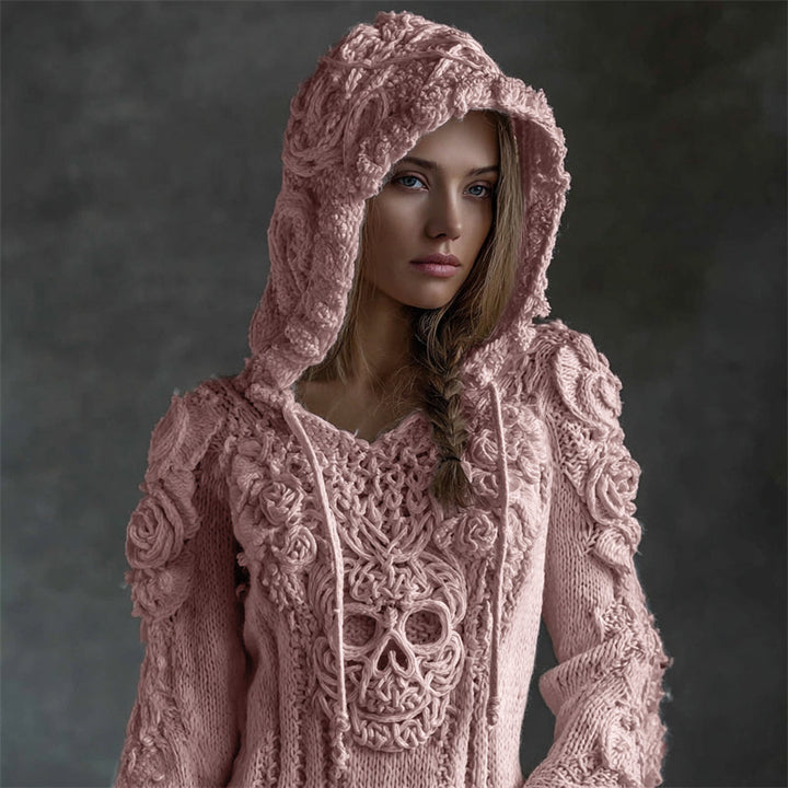Maelis | Vintage Celtycki Sweter z Haftowanym Czaszką i Kapturem