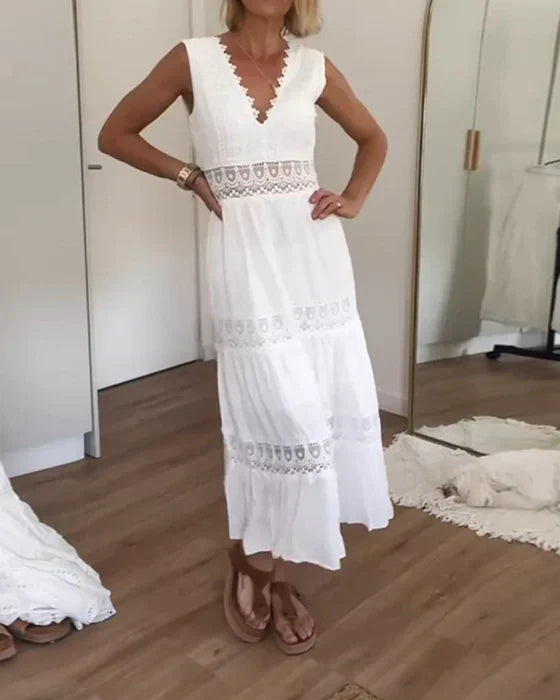 Benelyn Sukienka Maxi Damska – Biała Sukienka Boho z Lekkiej Bawełny z Delikatnymi Koronkowymi Detalami