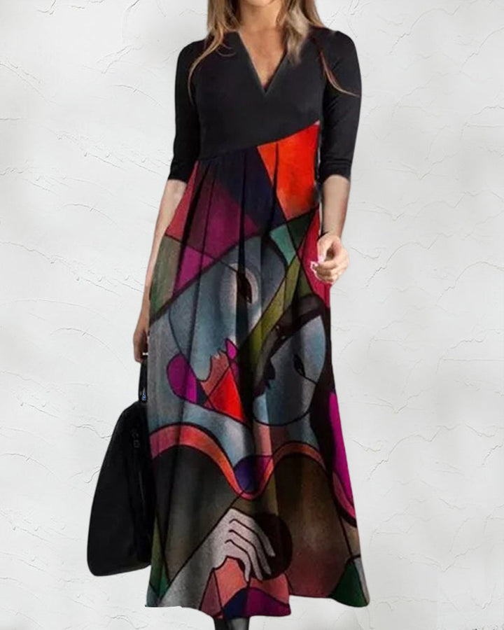 Sukienka Damska Nina – Elegancka Sukienka w Stylu Color Block z Długim Rękawem i Plisowanym Detalem