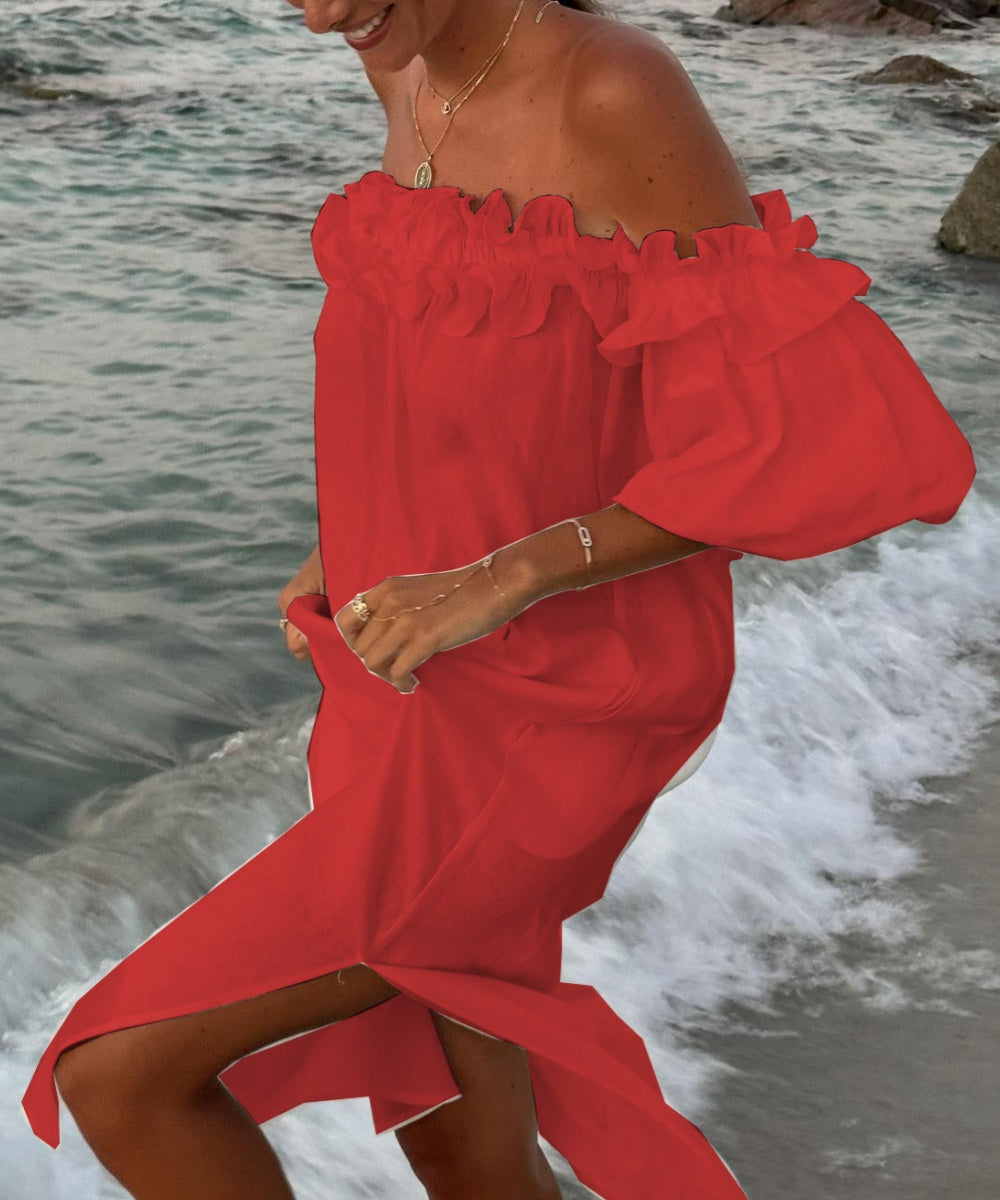 Valentina Sukienka Maxi Damska – Bawełniana Boho Sukienka z Odsłoniętymi Ramionami, Falbanami & Dekoltem Bardot