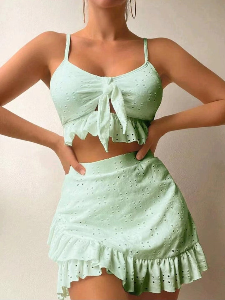 Serena 3-Częściowy Strój Kąpielowy Damski – Modne Bikini z Falbankami, Spódniczką i Dopasowanym Topem