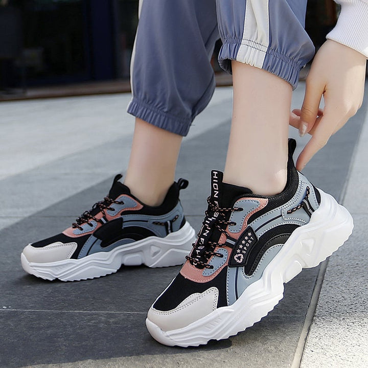 Allison Sneakers Damskie – Buty Sportowe z Grubą Podeszwą z Oddychającej Siatki i Skórzanym Detalem