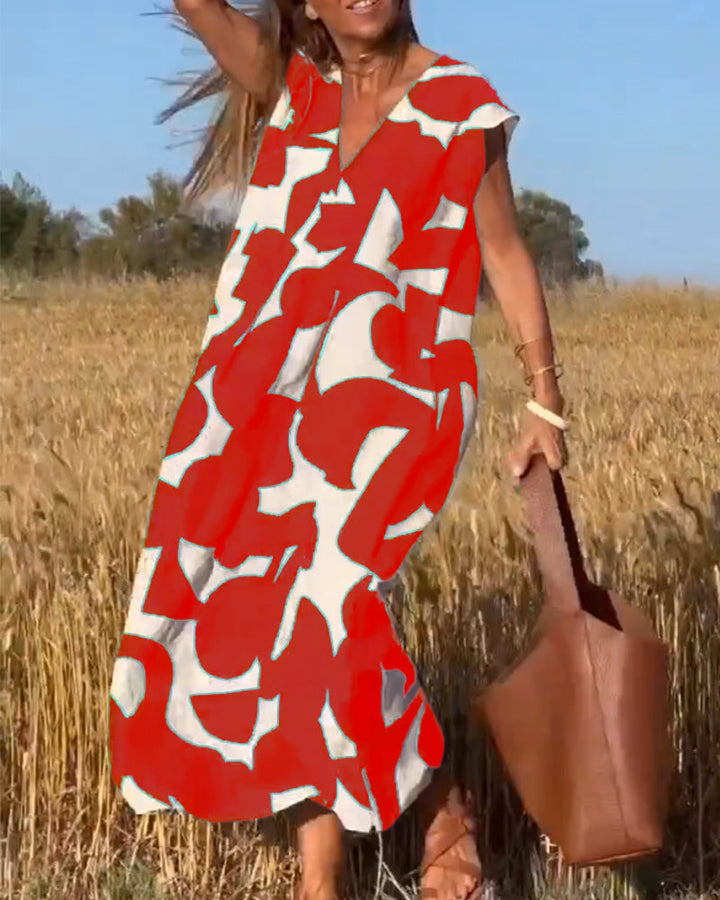 Maxine Damska Sukienka Maxi – Zwiewna Letnia Sukienka z Dekoltem w Serek, Nadrukiem i Fasonem w Kształcie Litery A