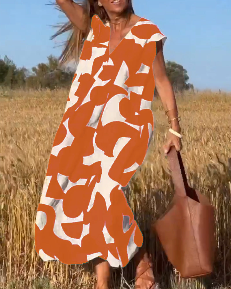 Maxine Damska Sukienka Maxi – Zwiewna Letnia Sukienka z Dekoltem w Serek, Nadrukiem i Fasonem w Kształcie Litery A