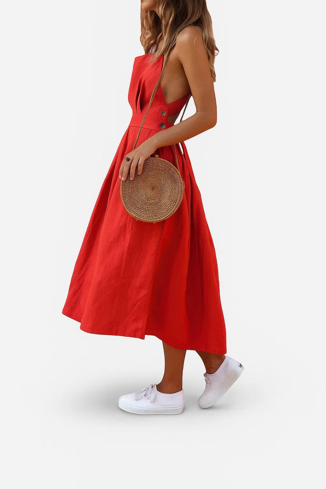 Chana Sukienka z Lnu – Elegancka Sukienka z Odkrytymi Plecami z Lekkiego i Przewiewnego Lnu