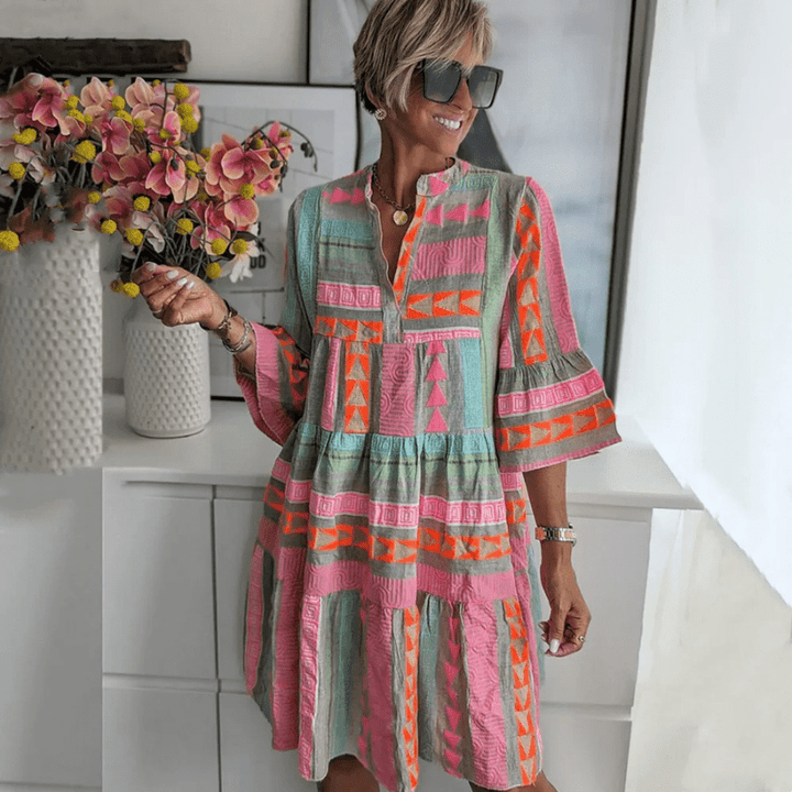 Alicia Damska Mini Tunika – Lekki, Luźny Krój z Kolorowymi Boho Wzorami