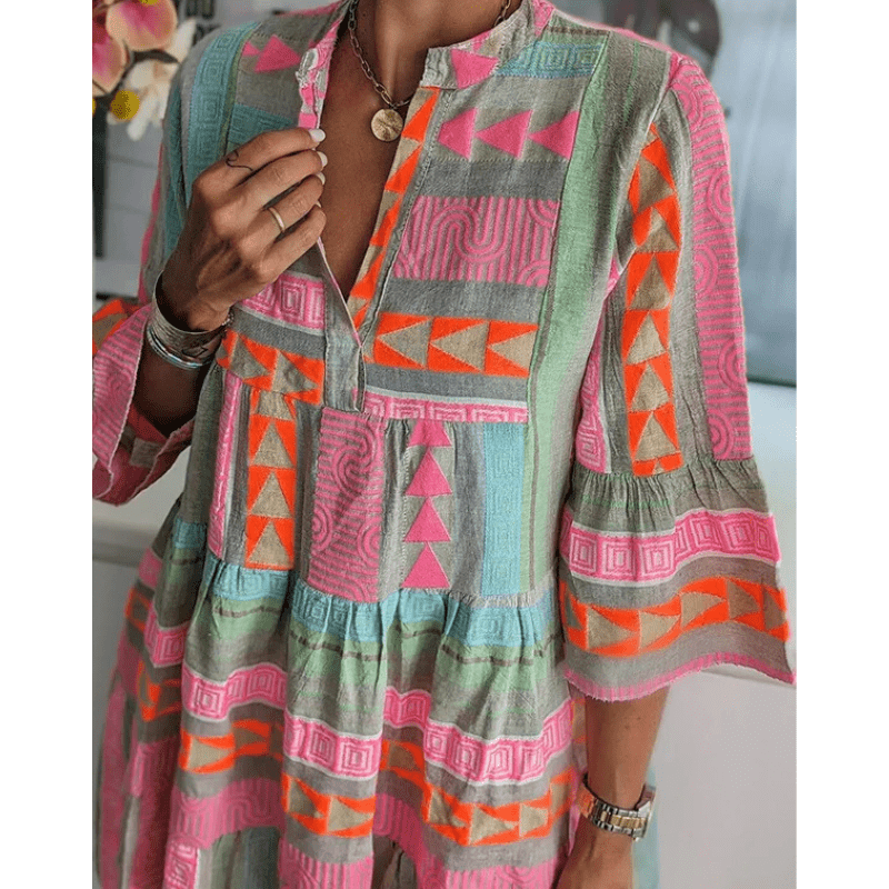 Alicia Damska Mini Tunika – Lekki, Luźny Krój z Kolorowymi Boho Wzorami