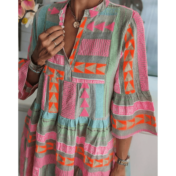 Alicia Damska Mini Tunika – Lekki, Luźny Krój z Kolorowymi Boho Wzorami