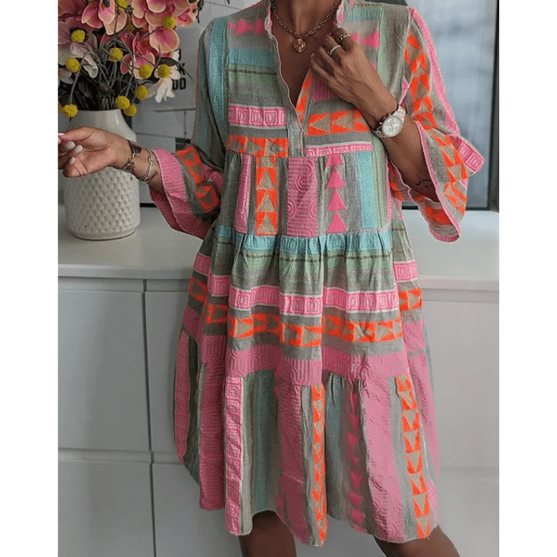 Alicia Damska Mini Tunika – Lekki, Luźny Krój z Kolorowymi Boho Wzorami