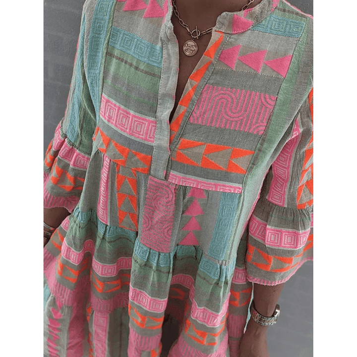 Alicia Damska Mini Tunika – Lekki, Luźny Krój z Kolorowymi Boho Wzorami
