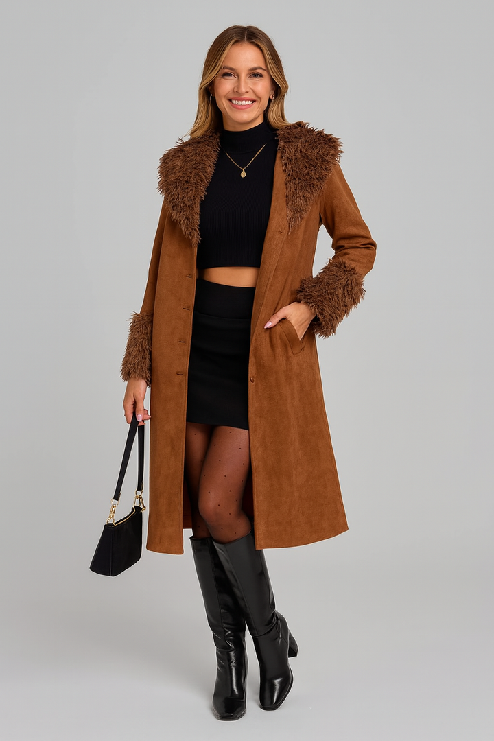 Allegra | Klasyczny Długi Trench Coat z Ciepłymi Akcentami z Futra