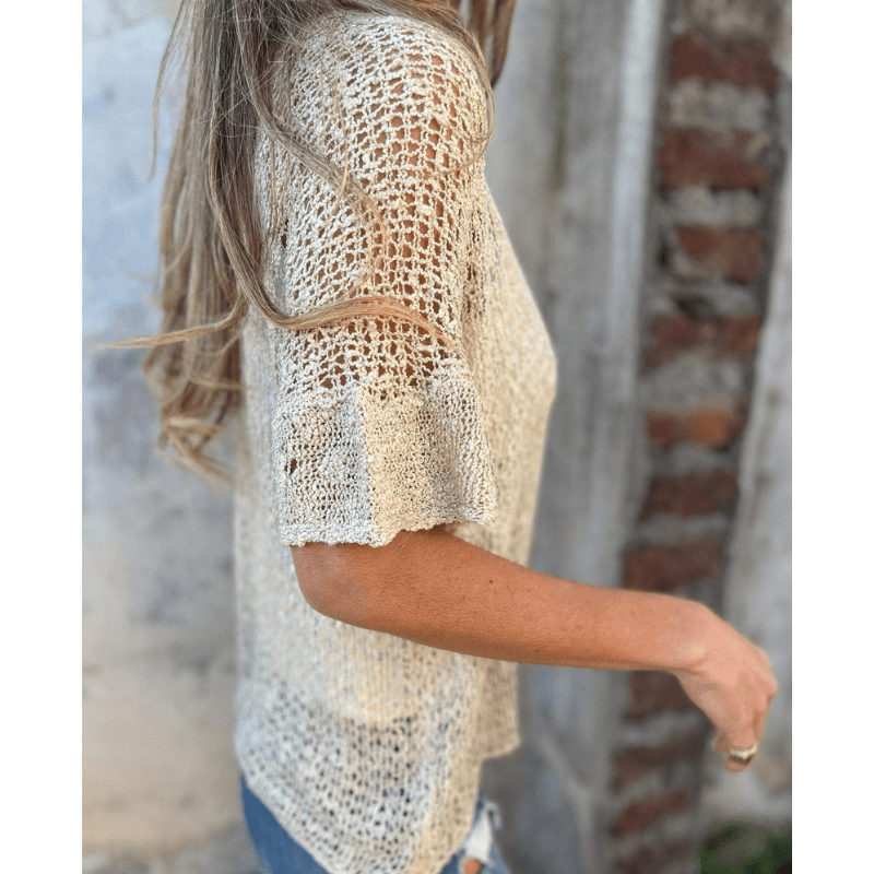 Annie Damski Lekki Top o Strukturze – Otwarty Splot, Krótkie Rękawy i Zapięcie na Guziki marki Looksy