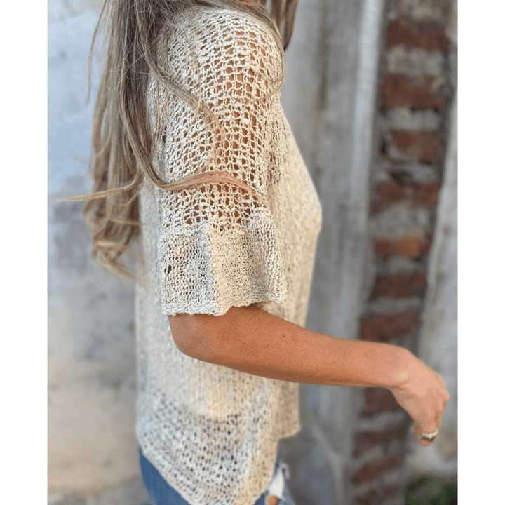 Annie Damski Lekki Top o Strukturze – Otwarty Splot, Krótkie Rękawy i Zapięcie na Guziki marki Looksy