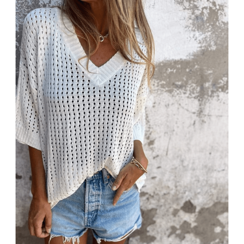 Aria Damski Lekki Top z Ażurowym Wzorem – Luźny Fason, Rękawy 3/4 i Oddychający Design marki Looksy