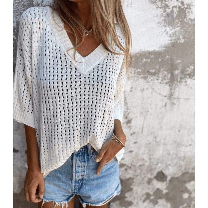 Aria Damski Lekki Top z Ażurowym Wzorem – Luźny Fason, Rękawy 3/4 i Oddychający Design marki Looksy