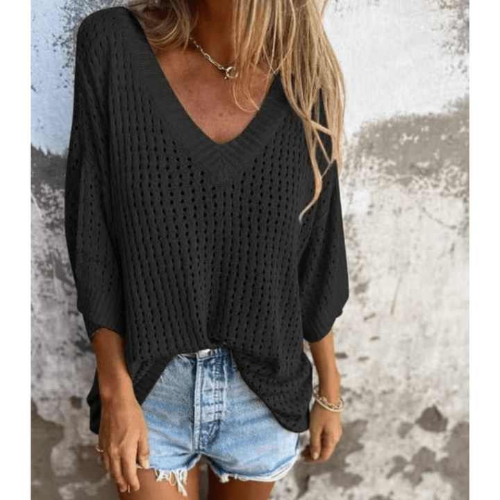 Aria Damski Lekki Top z Ażurowym Wzorem – Luźny Fason, Rękawy 3/4 i Oddychający Design marki Looksy