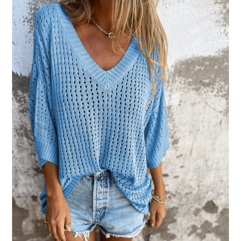 Aria Damski Lekki Top z Ażurowym Wzorem – Luźny Fason, Rękawy 3/4 i Oddychający Design marki Looksy