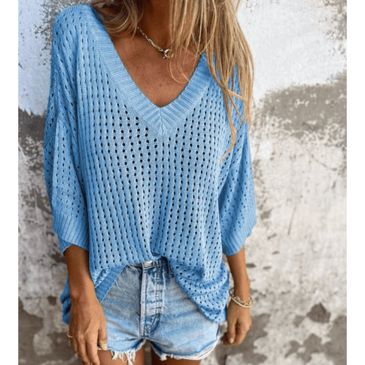 Aria Damski Lekki Top z Ażurowym Wzorem – Luźny Fason, Rękawy 3/4 i Oddychający Design marki Looksy