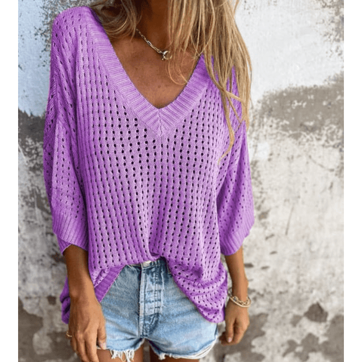 Aria Damski Lekki Top z Ażurowym Wzorem – Luźny Fason, Rękawy 3/4 i Oddychający Design marki Looksy