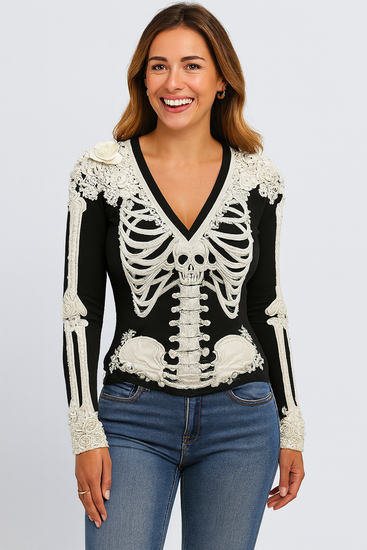 Arwen | Koszulka V-Neck z nadrukiem szkieletu na Halloween
