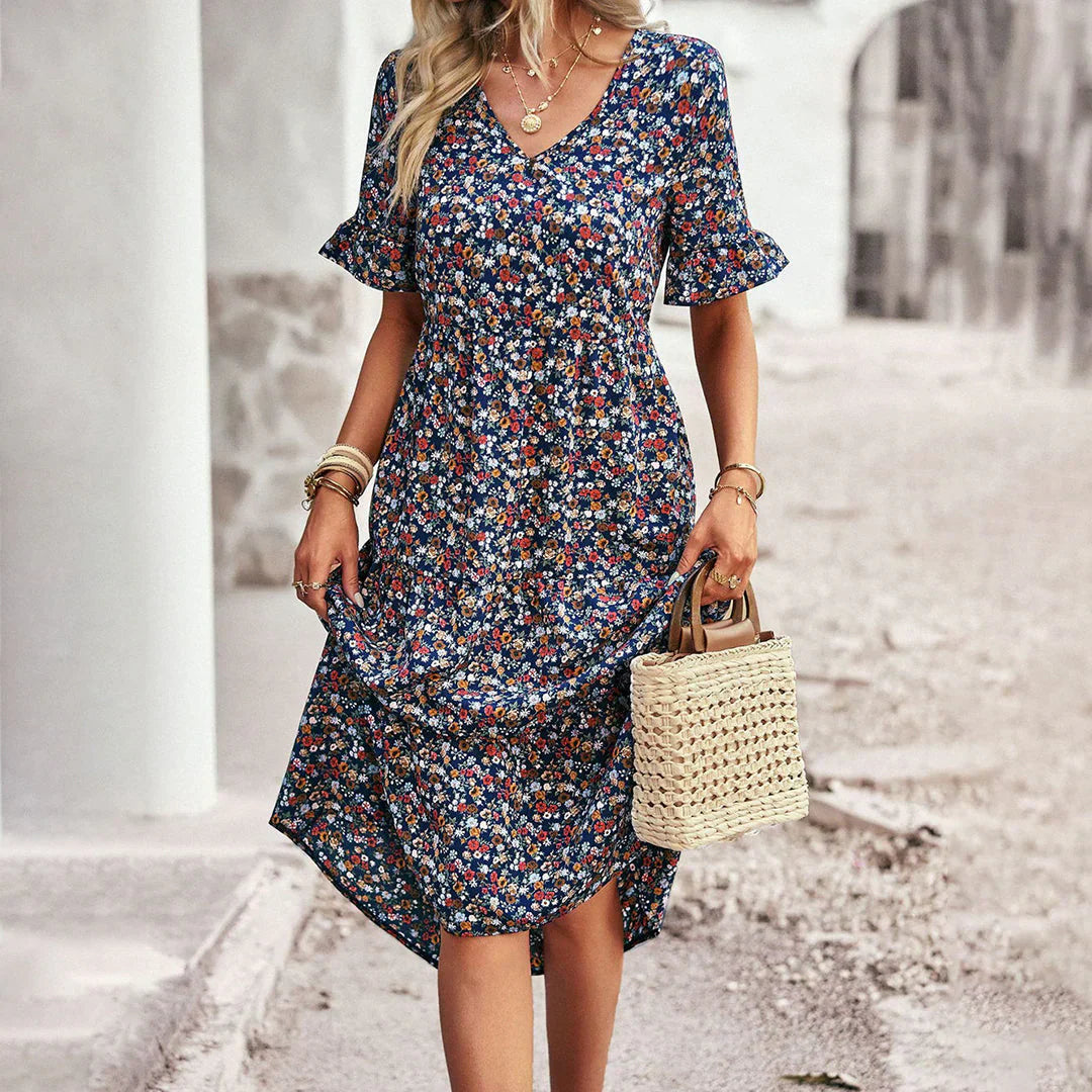 Celia Sukienka Damska Midi – Kwiatowa Sukienka Boho z Lekką Formą i Eleganckim Stylem