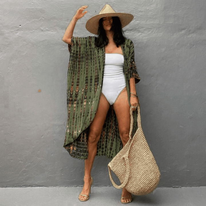 Brenna Sukienka Kimono Looksy – Boho wzór tie-dye i lekki, półdługi fason