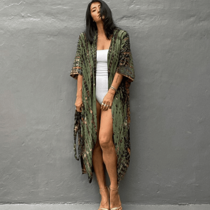 Brenna Sukienka Kimono Looksy – Boho wzór tie-dye i lekki, półdługi fason