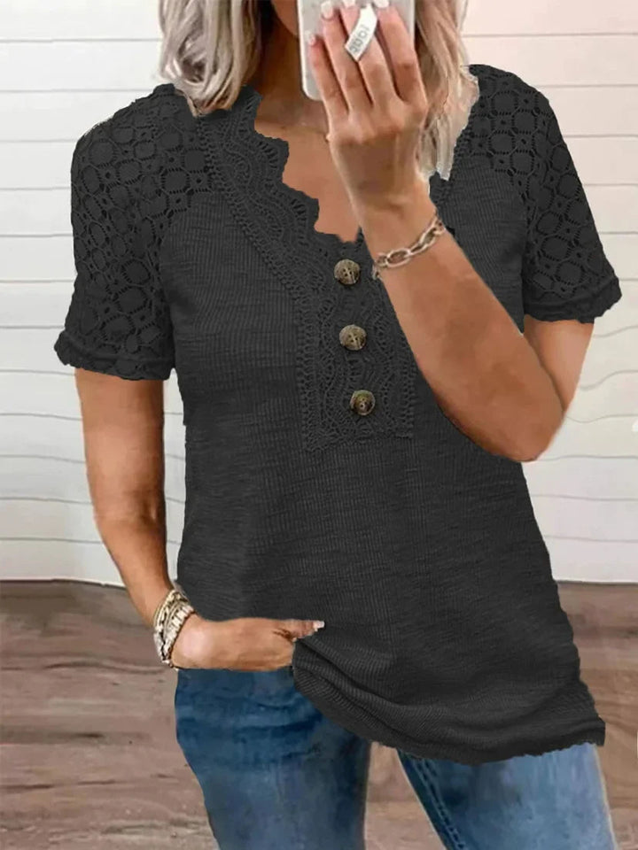 T-shirt Damski Chandy z Koronkowymi Detalami – Lekka Bawełna z Krótkim Rękawem na Wiosnę i Lato