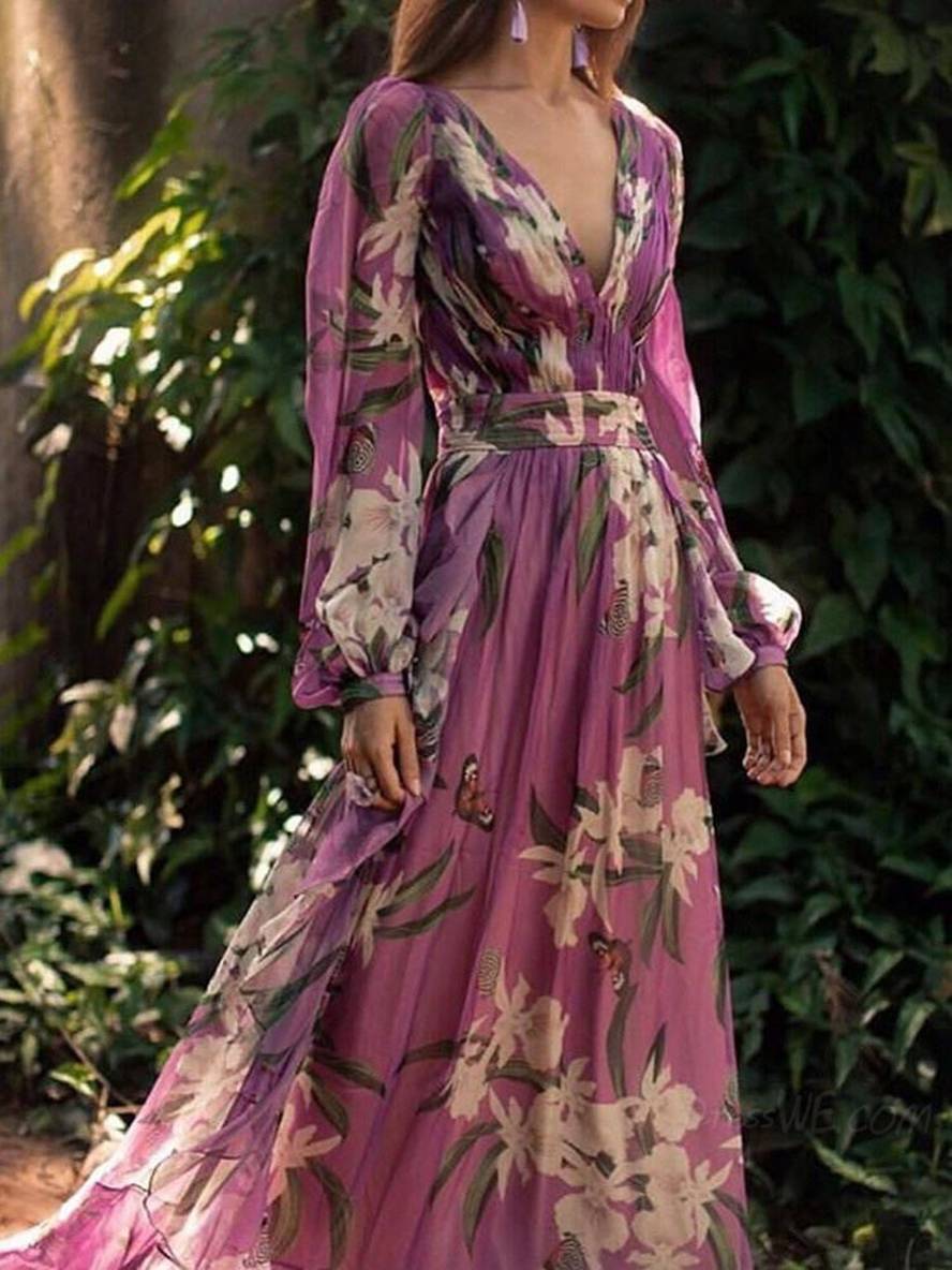 Clea Maxi Sukienka Damska – Elegancka Długa Sukienka w Kwiaty z Dekoltem w Serek i Długimi Rękawami w Odcieniu Fioletu