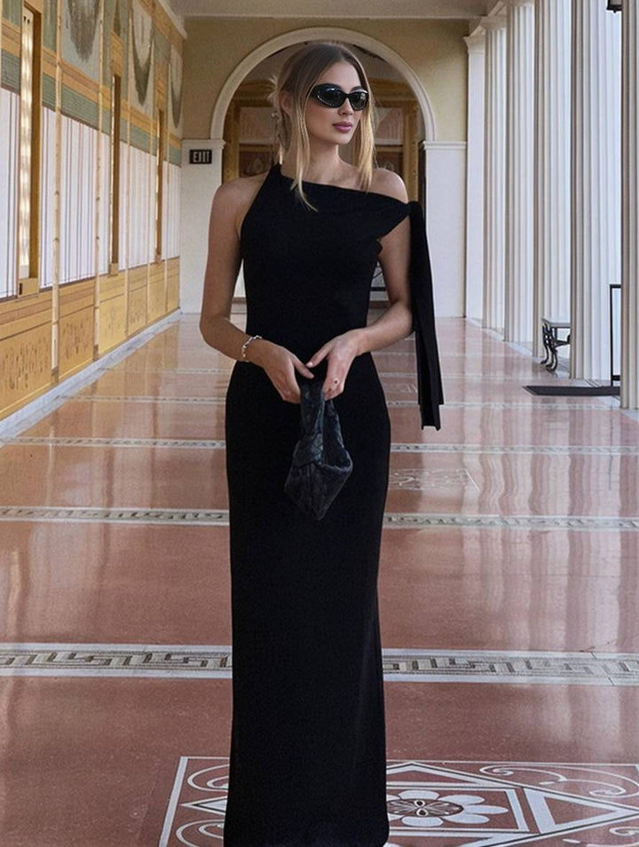 Winona Sukienka Wieczorowa Damska – Elegancka Długa Suknia Jednoboczna Bez Rękawów w Jednolitym Stylu