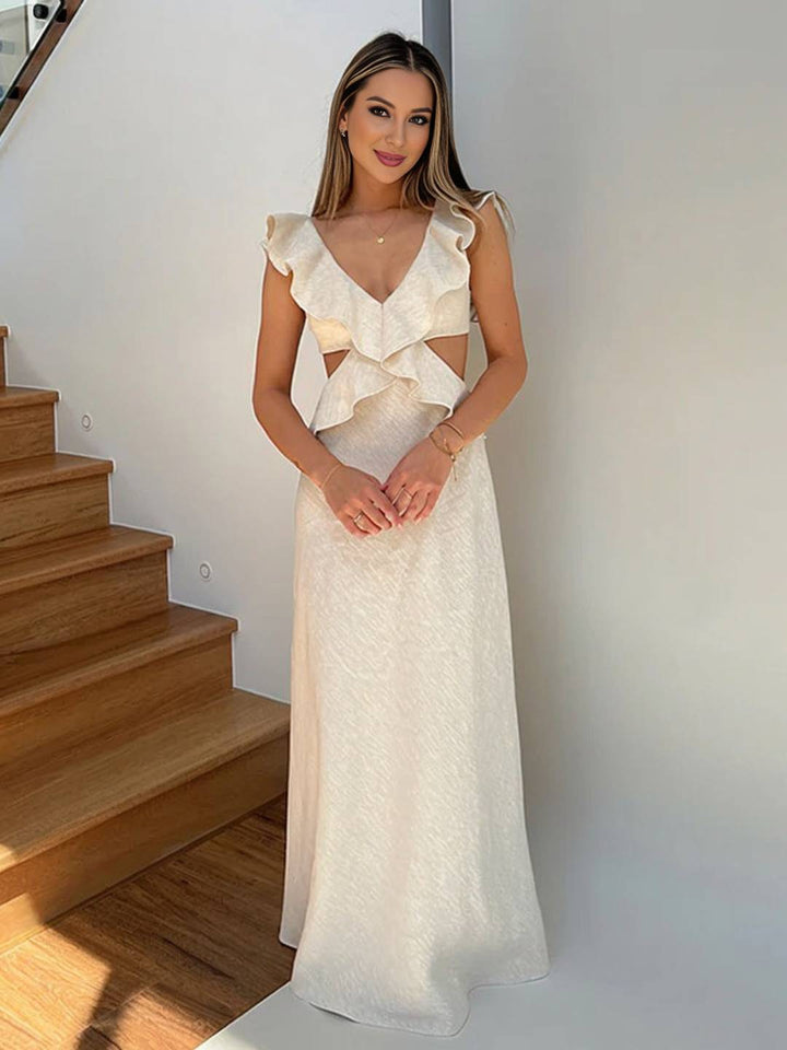 Yaela Sukienka Letnia Damska – Długa Sukienka Boho z Dekoltem w Serek, Falbanami i Odsłoniętymi Plecami