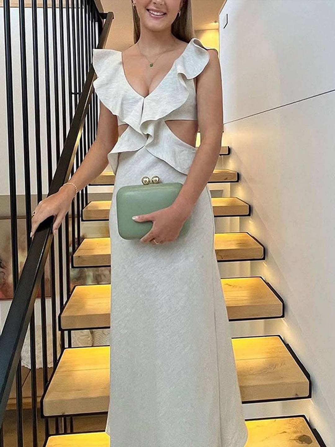 Yaela Sukienka Letnia Damska – Długa Sukienka Boho z Dekoltem w Serek, Falbanami i Odsłoniętymi Plecami