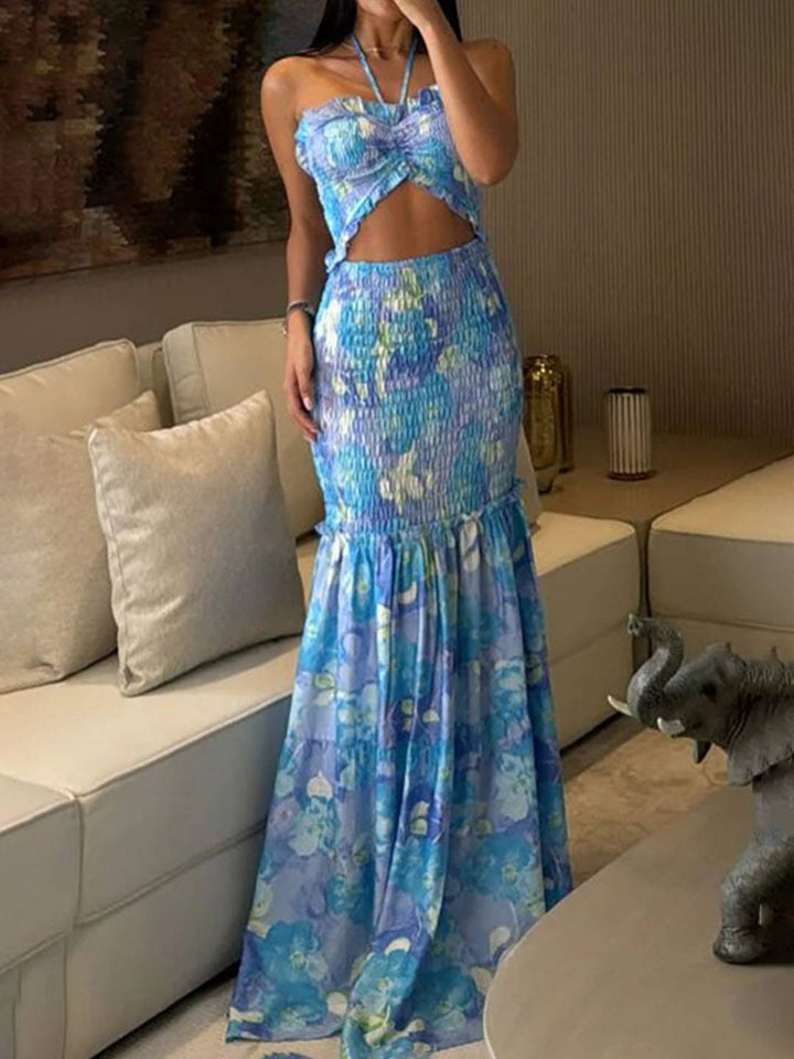Lucy Sukienka Letnia Damska – Dopasowana Sukienka Maxi bez Rękawów z Kwiatowym Wzorem i Halterem z Wycięciami