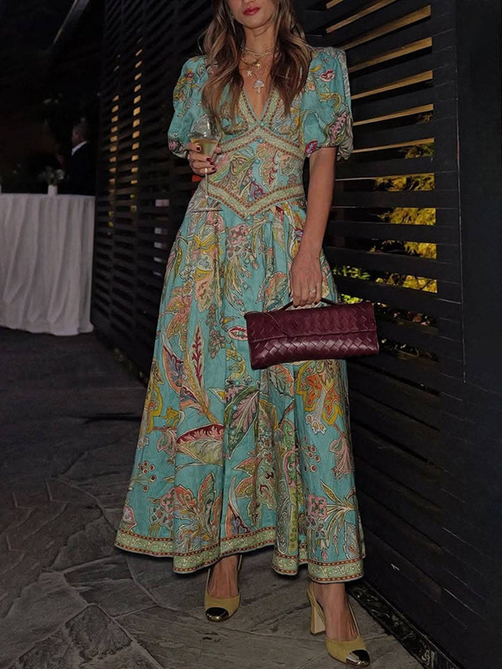 Scarlett Sukienka Maxi Damska – Elegancka Sukienka w Kwiaty z Dekoltem w Serek i Krótkimi Rękawami na Przyjęcia i Uroczystości