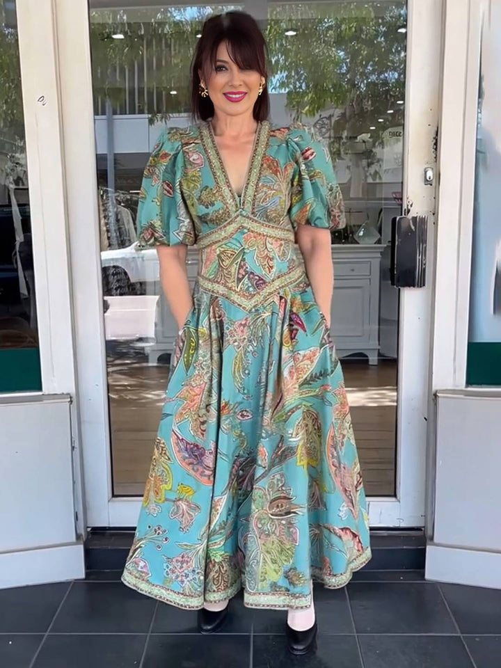 Scarlett Sukienka Maxi Damska – Elegancka Sukienka w Kwiaty z Dekoltem w Serek i Krótkimi Rękawami na Przyjęcia i Uroczystości
