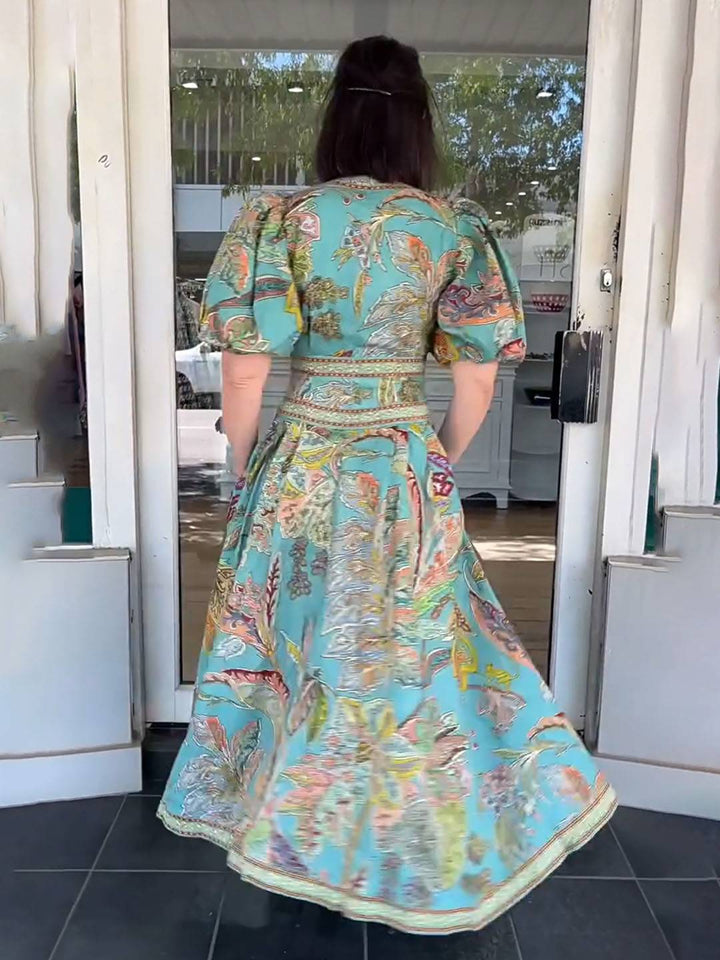 Scarlett Sukienka Maxi Damska – Elegancka Sukienka w Kwiaty z Dekoltem w Serek i Krótkimi Rękawami na Przyjęcia i Uroczystości