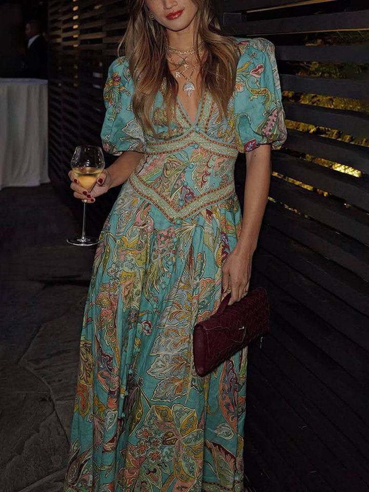 Scarlett Sukienka Maxi Damska – Elegancka Sukienka w Kwiaty z Dekoltem w Serek i Krótkimi Rękawami na Przyjęcia i Uroczystości