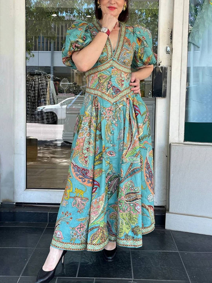 Scarlett Sukienka Maxi Damska – Elegancka Sukienka w Kwiaty z Dekoltem w Serek i Krótkimi Rękawami na Przyjęcia i Uroczystości