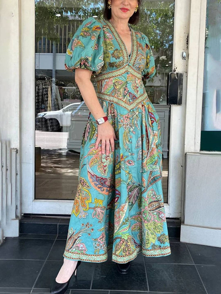 Scarlett Sukienka Maxi Damska – Elegancka Sukienka w Kwiaty z Dekoltem w Serek i Krótkimi Rękawami na Przyjęcia i Uroczystości