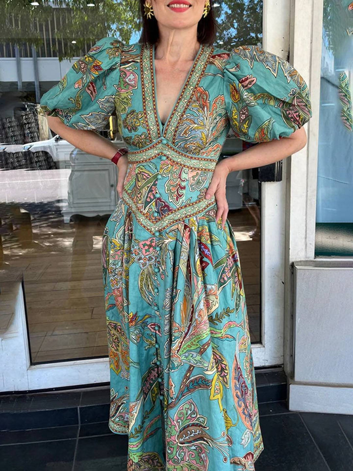Scarlett Sukienka Maxi Damska – Elegancka Sukienka w Kwiaty z Dekoltem w Serek i Krótkimi Rękawami na Przyjęcia i Uroczystości