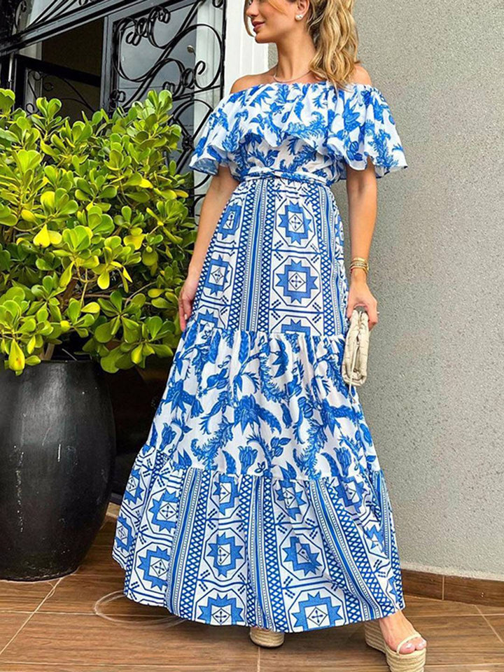 Andrea Sukienka Maxi Damska – Plażowa Sukienka Boho z Dekoltem Łódką i Geometrycznym Wzorem