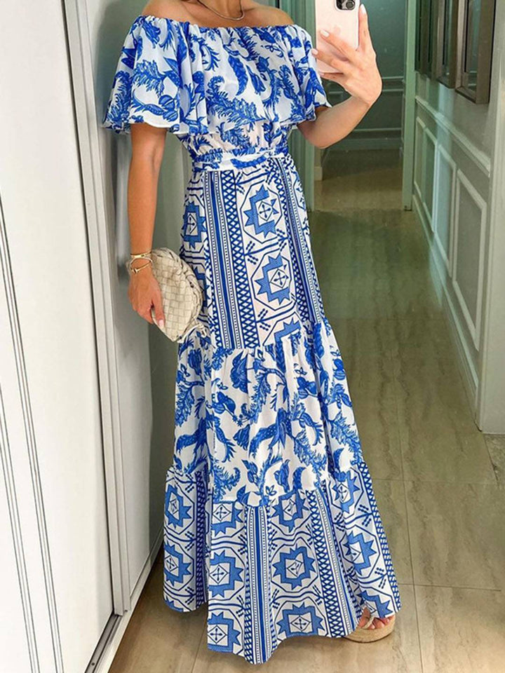Andrea Sukienka Maxi Damska – Plażowa Sukienka Boho z Dekoltem Łódką i Geometrycznym Wzorem