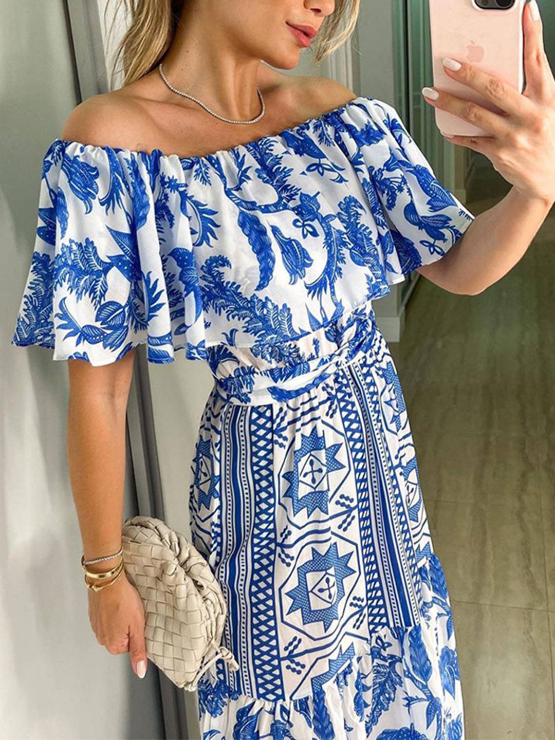 Andrea Sukienka Maxi Damska – Plażowa Sukienka Boho z Dekoltem Łódką i Geometrycznym Wzorem