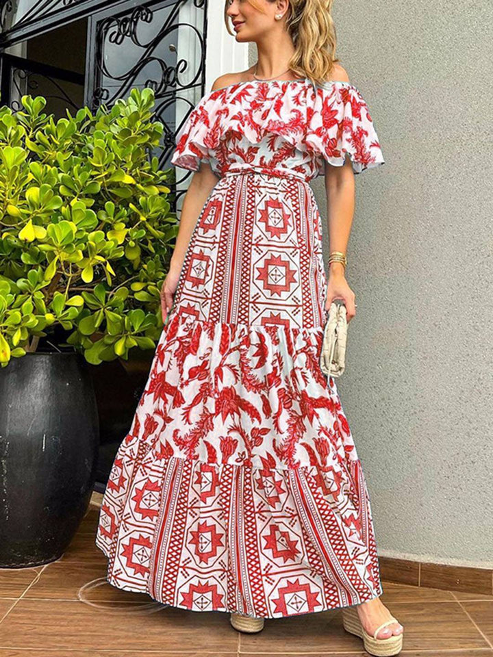 Andrea Sukienka Maxi Damska – Plażowa Sukienka Boho z Dekoltem Łódką i Geometrycznym Wzorem