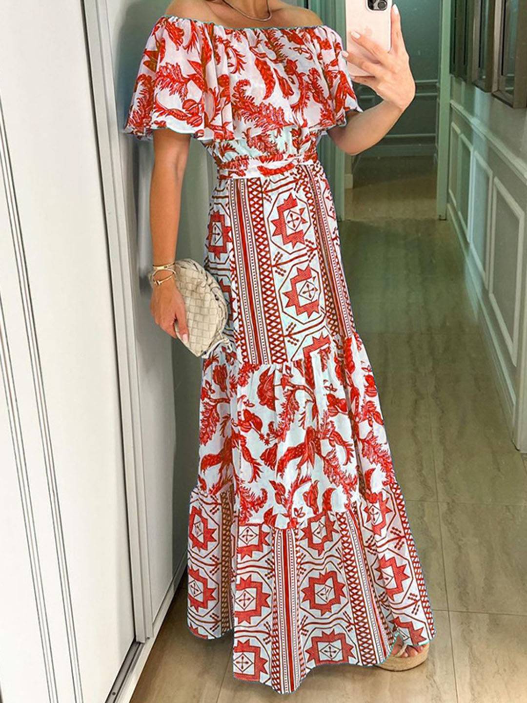 Andrea Sukienka Maxi Damska – Plażowa Sukienka Boho z Dekoltem Łódką i Geometrycznym Wzorem